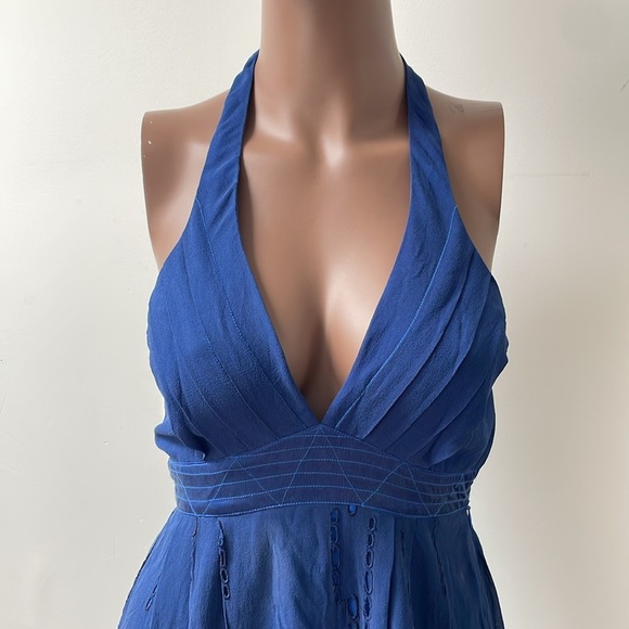 Seduce Midi Dress Silk Eyelet Blue Halterneck Sleeveless Open Back 2 - Picture 2 of 12